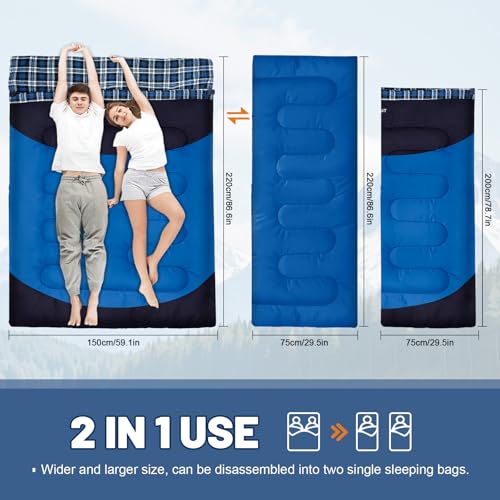 Cotton Flannel Double Sleeping Bag for Adults Machine Washable 2 Person Camping Sleeping Bag Queen Size Waterproof with Compression Sack for Cold Weather 3 (BLUE / Flannel)