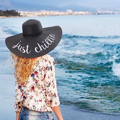 Womens Big Bowknot Straw Hat Floppy Foldable Roll up Beach Cap Sun Hat UPF 50+ (Ae Just Chillin: Black)