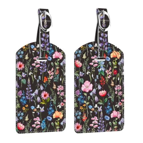 2 Pack Luggage Tags Leather Name ID Labels with Privacy Cover (Black Floral)