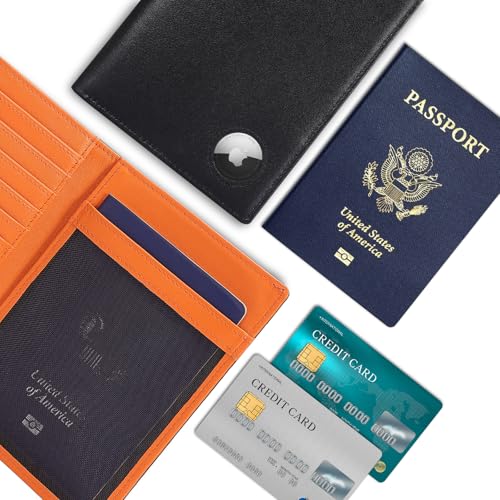 Polare Leather AirTag Passport Holder RFID Blocking Travel Bifold Wallet (Black/Brown with AirTag Slot)