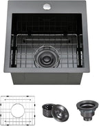 ARTLINE 15 x 15 Inch Black Drop in Bar Sink, Stainless Steel Single Bowl by ARTLINE