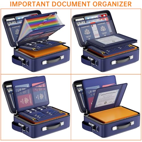 Fireproof Document Box Hard Case with Lock ＆ Accordion File Folder (15.2" x 11.2" x 5.3"(colorful) / Blue)