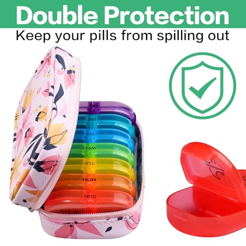 Weekly Travel Pill Organizer 2 Times a Day AM PM Rainbow Pill Box (B Pu Pink 03 / 1 Set PU Case)