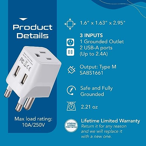 South Africa Botswana Travel Adapter Plug With Dual USB + USA Input (white gray)