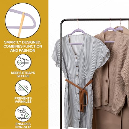 Premium Velvet Hangers 50 Pack Ultra Thin Non Slip Adult Felt Space Saving Suit Hanger for Closet Heavy Duty Coat Pants Jackets Dress Hangers 360° Swivel Hook Hold Upto 10 lbs Purple Hangers (Light Purple / 50 Pack)