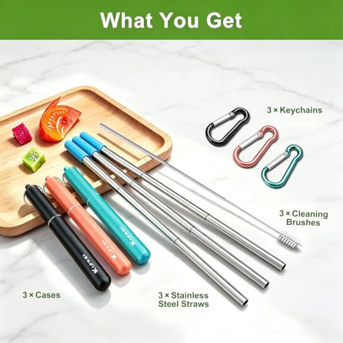 Reusable Collapsible Metal Straws (Turquoise-Silver)