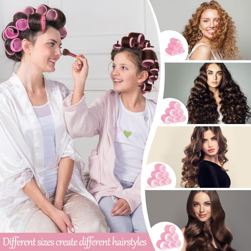 4 Sizes Hair Rollers for Women Pink Curlers Set with Gift Makeup Bag (Light Pink)