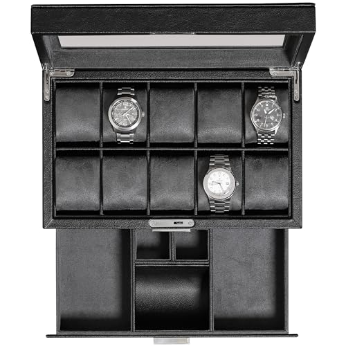 10 Slot Watch Box in Leather with Valet Drawer (Black/Grey)