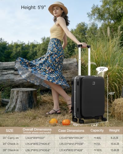 20 Inch Top Opening Carry On Luggage with Cup Holder and USB Ports (Jet Black / 20 Inch Pro)