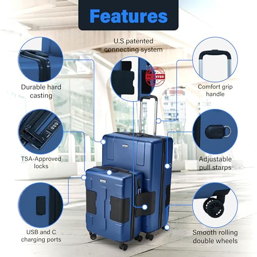 Patented Connecting Hard Shell 2 Piece Luggage Set (Midnight Blue / 2-Piece Set)
