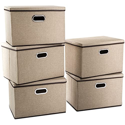 Large Collapsible Storage Baskets with Lids [5 (Khaki / L(5-Pack))