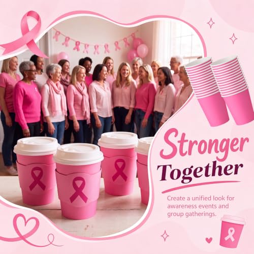 100 Sets 8 oz Breast Cancer Coffee Cups with Lids and Sleeves (Breast Cancer)