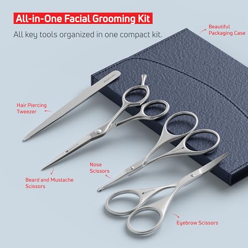Premium Beard & Mustache Set with Beard scissors for men (5.5" Beard & Mustache Scissors / Dark Blue)