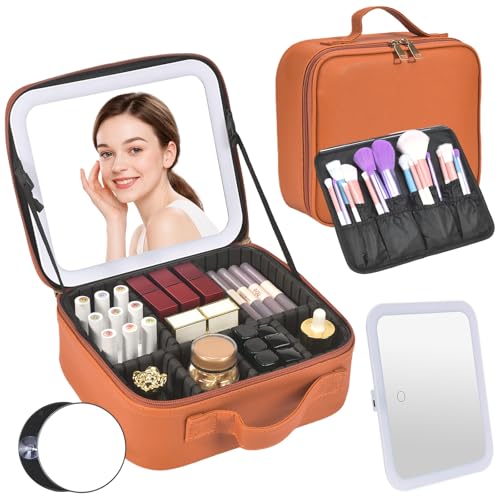 Travel Makeup Bag with Mirror & 6 Adjustable EVA Dividers (Camel---6 Dividers)