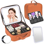 Travel Makeup Bag with Mirror & 6 Adjustable EVA Dividers (Camel---6 Dividers)