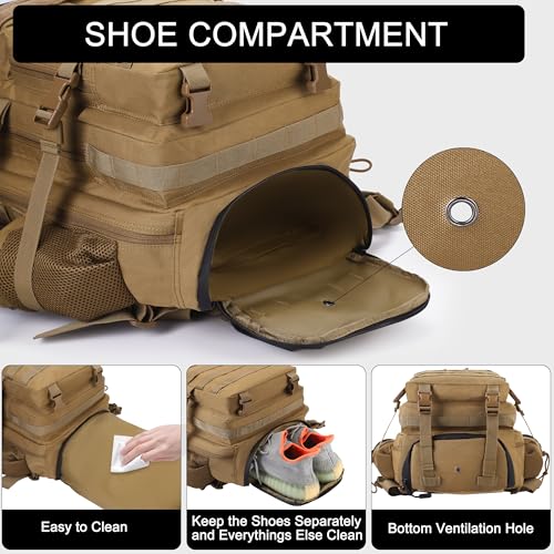 Military Tactical Backpack for Men and Women 45L Army 3 Days Assault Pack Bag Large Rucksack with Shoe Compartment (1.1 Khaki)