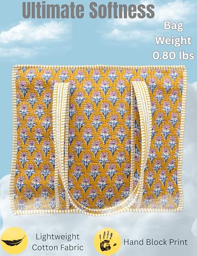 100% Cotton Quilted Tote Bag For Women (Gamboge Cherry Block Print)