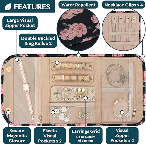 Travel Jewelry Case Organizer Roll Bag Accessories Floral Black (Floral Black)