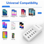 10 Port USB Wall Charger Station with Rapid Charging Auto Detect Technology Safety Guaranteed Family