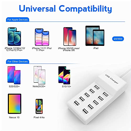 10 Port USB Wall Charger Station with Rapid Charging Auto Detect Technology Safety Guaranteed Family