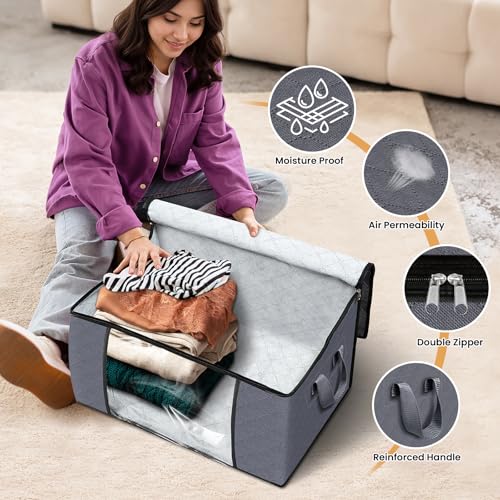 8 Pack Storage Bags for Clothes Blanket Storage Bins with Lids (8 Pack-60l / Grey)
