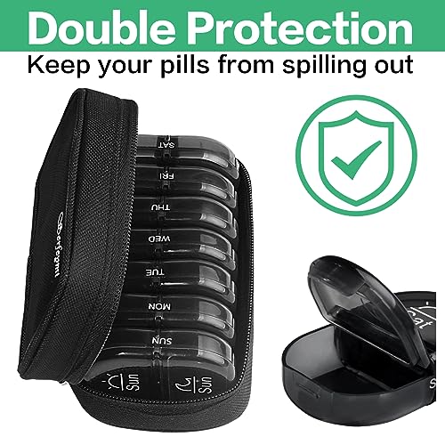 Weekly Travel Pill Organizer 2 Times a Day AM PM Black Pill Box (A Canvas Black 01 / 1 Set Canvas Case)