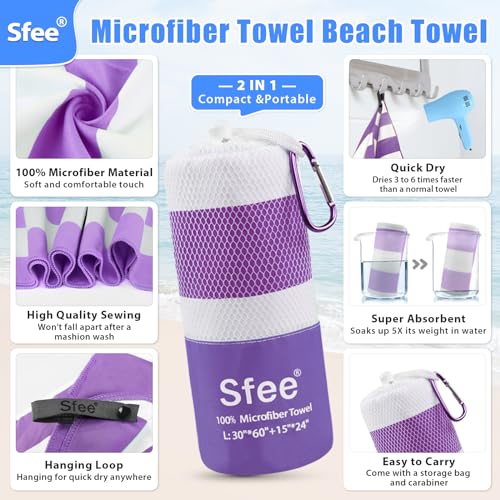 2 in 1 Microfiber Beach Towel (L 60"x30"+24"x15" / Purple Stripe)