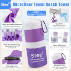 2 in 1 Microfiber Beach Towel (L 60"x30"+24"x15" / Purple Stripe)