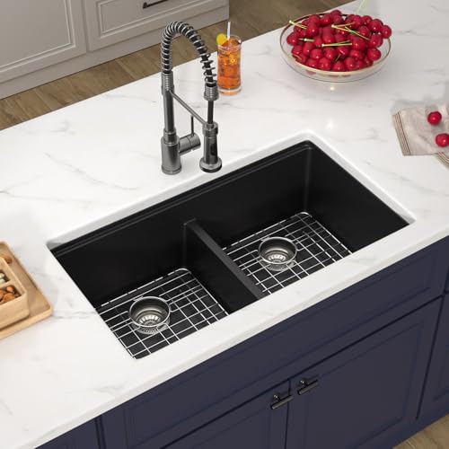 33 Inch Black Undermount Granite Composite Kitchen Sink (Black-50/50 / Undermount)