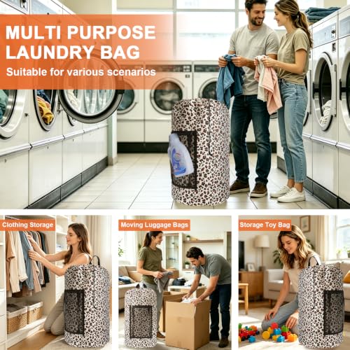 Laundry Backpack Portable Travel Laundry Bags with Straps and Mesh Pocket (Leopard Print / 2 Pack)
