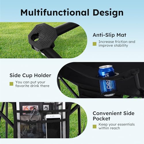 2 Pack Folding Camping Chair with Cooler Bag & Lumbar Support (Black&grey)