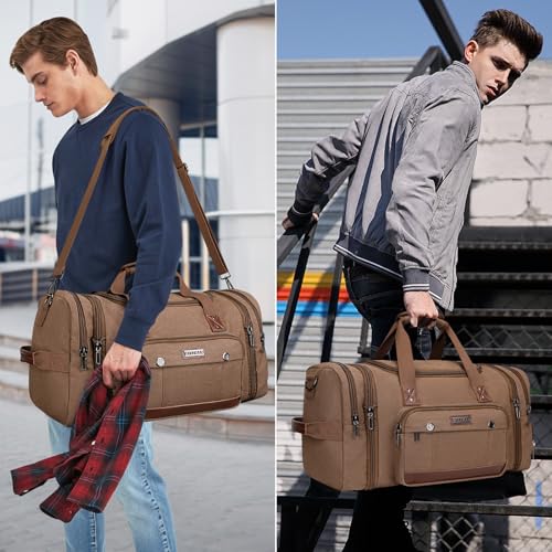 Canvas Duffle Bag for Men Expandable Convertible Travel Gym Duffel (Brown)