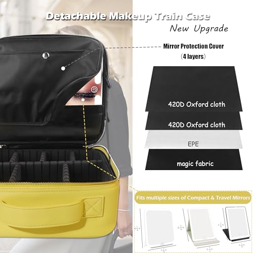 Travel Makeup Bag Cosmetic Bag Makeup Organizer Bag with Lighted Mirror (Yellow / Woven)