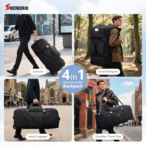 Tactical Travel Duffle Bag with Wheels and Handle 3 in 1 Large 85L XL Rolling Travelling Backpack Waterproof Oxford Carry On Hand Luggage Deployment Bags with Combination Padlock (Black)