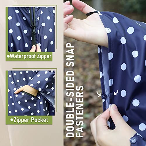 Adult Rain Poncho Waterproof Hooded Zipper Raincoat with Pockets (One Size / Point-blue)