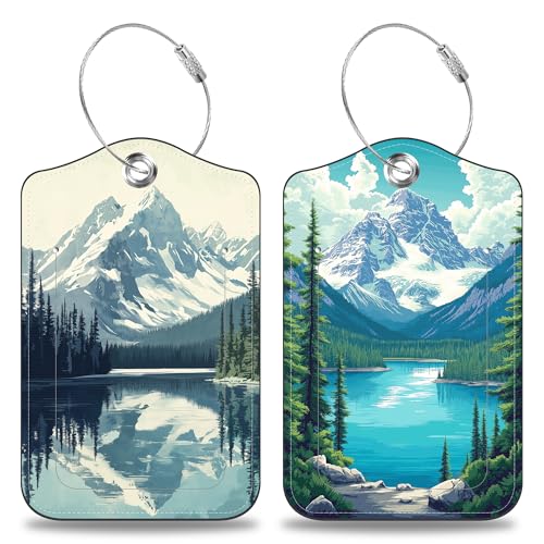 Snow Mountain Lake Forest Set of 2 Luggage Tags for Suitcases Leather Suitcase Tags Identifiers with Privacy Name Address Label and Stainless Steel Loop for Women Men Travel Luggage Accessories (Snow Mountain Lake Forest)