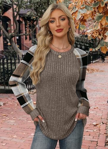 Chocolate Brown Fall Clothes Plus Size Fall Fashion Must Haves Womens Tops Long Sleeve Shirts for Women Plaid Oversized Sweaters School Outfits Tops for Teachers Winter Clothing Raglan Paneled (XX-Large / 08-khaki Plaid)