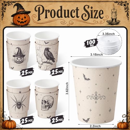 100 Sets 8 oz Halloween Disposable Coffee Cups with Lid and Sleeve (Spider)