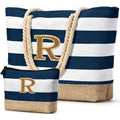 Beach Bag Initial Beach Tote with Makeup Bag for Travel (Dark Blue 2 Pcs)