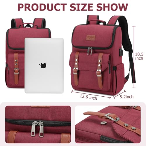 Vintage Backpack Travel Laptop Backpack with usb Charging Port for Women & Men College Backpack Fits 15.6 Inch Laptop Red Brown (Red&brown)