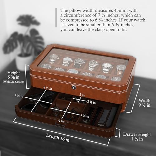 12 Slot Leather Watch Box with Valet Drawer (Tan / Brown)