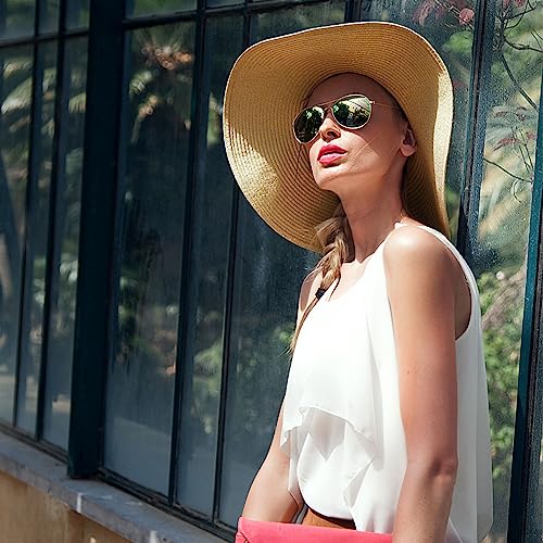 Womens Straw Hat Foldable Wide Brim Floppy Beach Sun Hat for Women Roll up Cap UPF 50+ Adjustable Strap Vacation (Ad Khaki 5.9" Brim, 1 Pack)