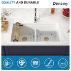 33 Inch Classic White Undermount Granite Composite Kitchen Sink Under Counter Quartz Double Bowl Sink Workstation Sinks with Accessories Quick Drain Noise Reduction Home Renovation Gold Accessories (White-50/50 / Undermount-Gold Accessories)