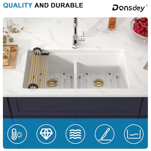 33 Inch Classic White Undermount Granite Composite Kitchen Sink Under Counter Quartz Double Bowl Sink Workstation Sinks with Accessories Quick Drain Noise Reduction Home Renovation Gold Accessories (White-50/50 / Undermount-Gold Accessories)
