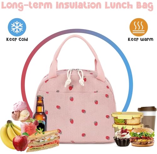 Lunch Bag for Women Men Cute Corduroy Lunch Tote Bags Reusable Insulated Lunch Box Large Capacity Reusable Insulated Cooler for Work Picnic or Travel (Corduroy strawberry pink / 10L)