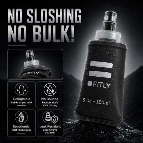 5 oz - 150ml (F1B) Soft Water Bottle Shrink As You Drink Soft Flask for Hydration Pack Folding Water Bottle Ideal for Running, Hiking, Cycling, Climbing & Rigorous Activity, Black (Black / 5 Ounces)