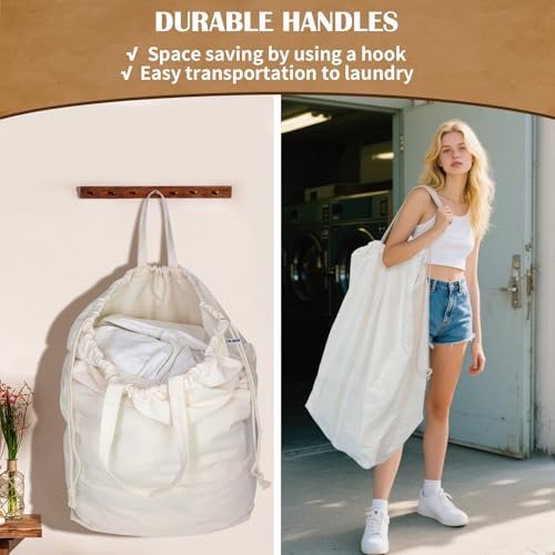 Canvas Laundry Bags with Handles & Rectangular Base (Beige XL | Rectangular Base / 19.6"Wx15"Depthx27.6"H)