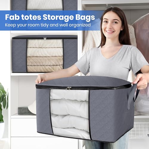 3 Pack Storage Bags for Clothes Blanket Storage Bins with Lids (3 Pack-60l / Grey)