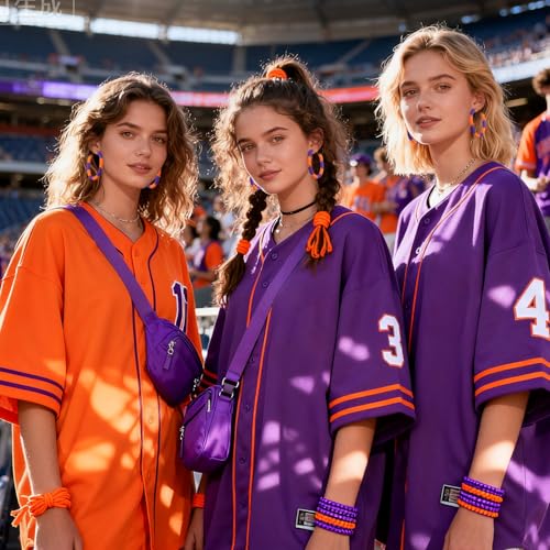 Game Day Earrings Football Baseball Earrings for Women Sports Team Heishi Hoop Earring Football Accessories Outfits Cheer Mom Essentials Fall Sports Must Haves Cheer Gifts (Orange Purple)