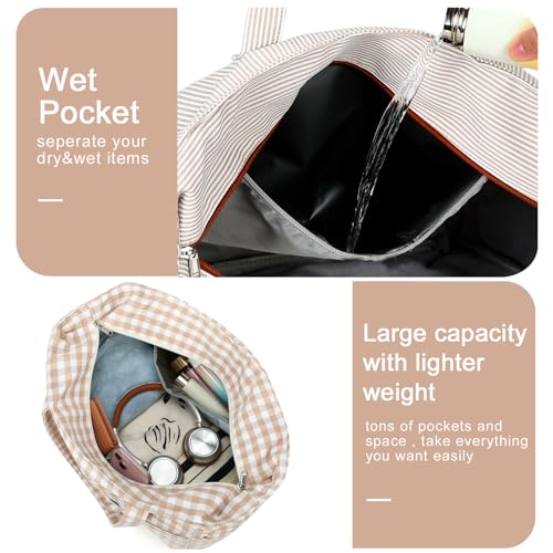 Beach Bags for Women (Brown White Checkered-1)